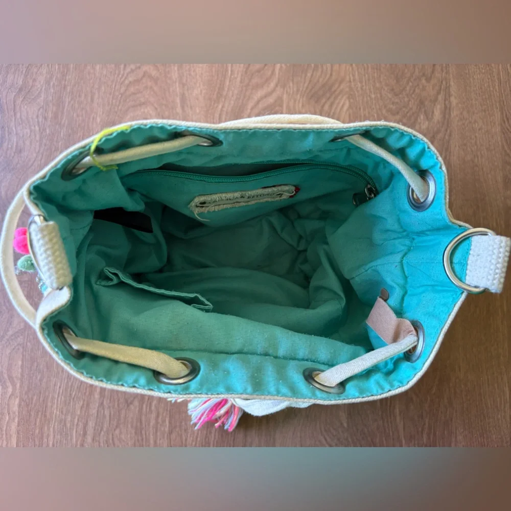 Embroidered Boho Bucket Bag with Pink and Turquoise Accents
